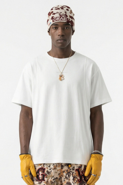 Men's Cotton-Linen Drop-Shoulder Tee w/FwdSideSeam & Sld Ltr