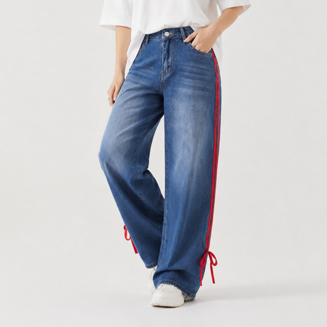 Women's High Waist Wide Leg Jeans with Red Side Stripe