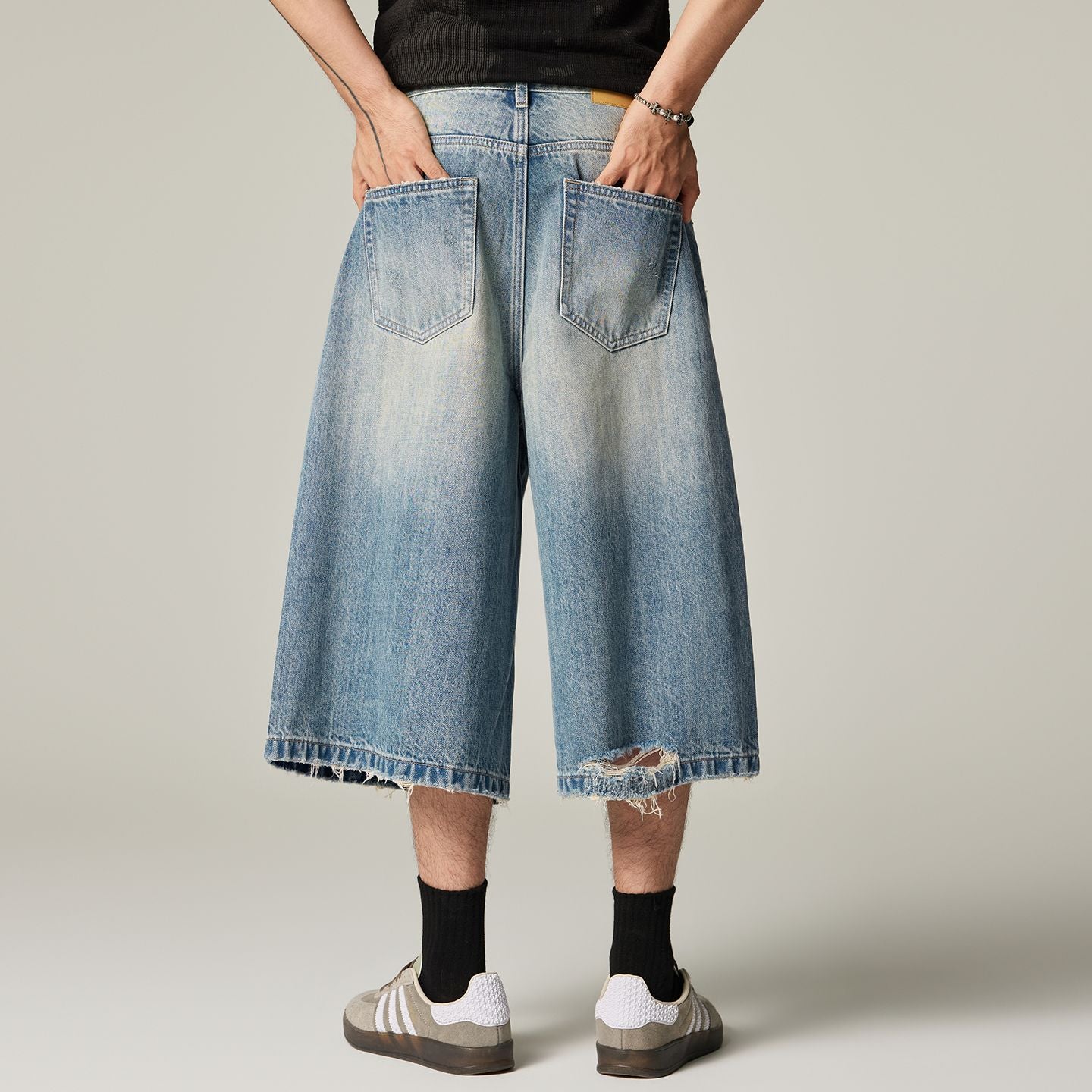 Men's Summer Vintage Washed Distressed Wide-Leg Denim Shorts