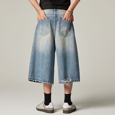 Men's Summer Vintage Washed Distressed Wide-Leg Denim Shorts