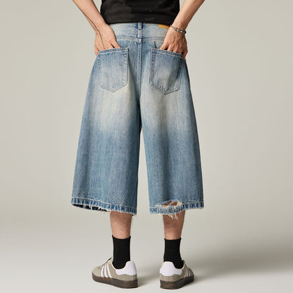 Men's Summer Vintage Washed Distressed Wide-Leg Denim Shorts