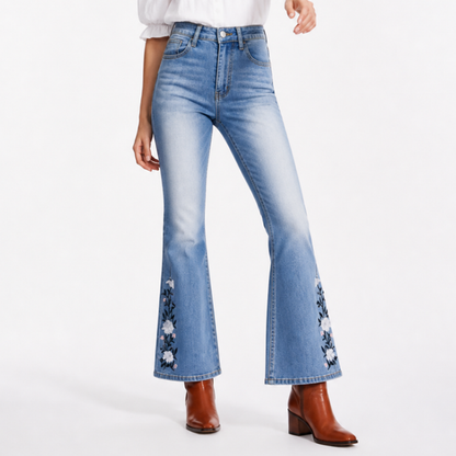Women's High Waist Floral Embroidered Flare Jeans