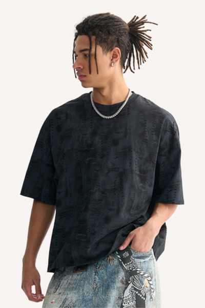 Unisex 260g Distressed Denim Hole Texture Boxy Tee