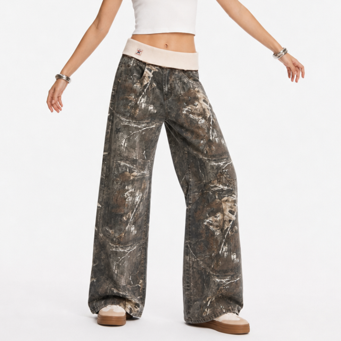Women's Vintage High Waist Wash Camo Print Wide Leg Jeans