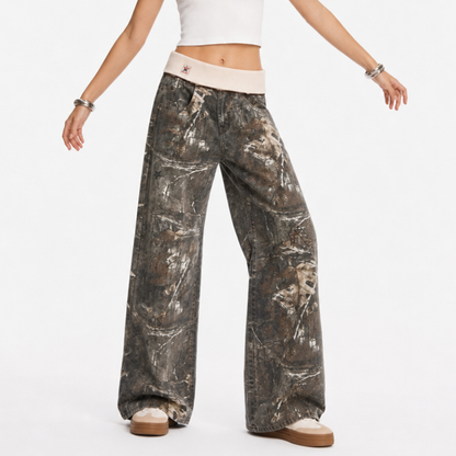 Women's Vintage High Waist Wash Camo Print Wide Leg Jeans