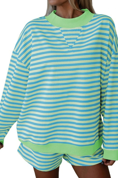Women Summer Stripe Lounge Sweatshirt and Shorts Set
