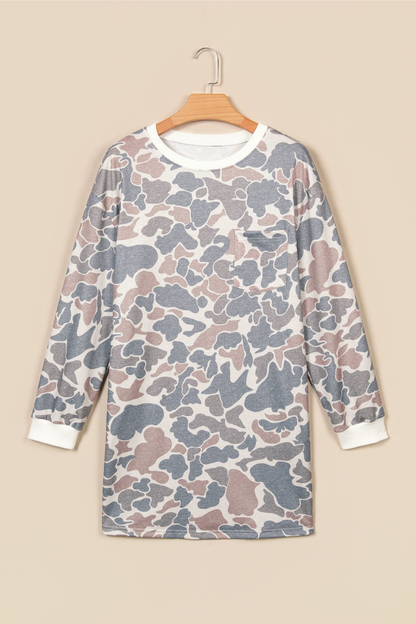 Women's Fall Camo Print Crew Neck Loose Mini Dress
