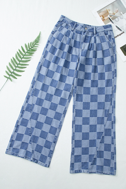 Women Fall Clothing Vintage Checkerboard Wide Leg Jeans