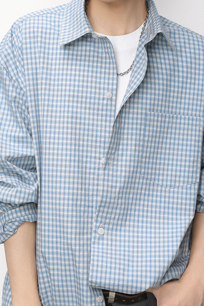 Men's Spring Contrast Plaid Long Sleeve Loose Miu Shirt
