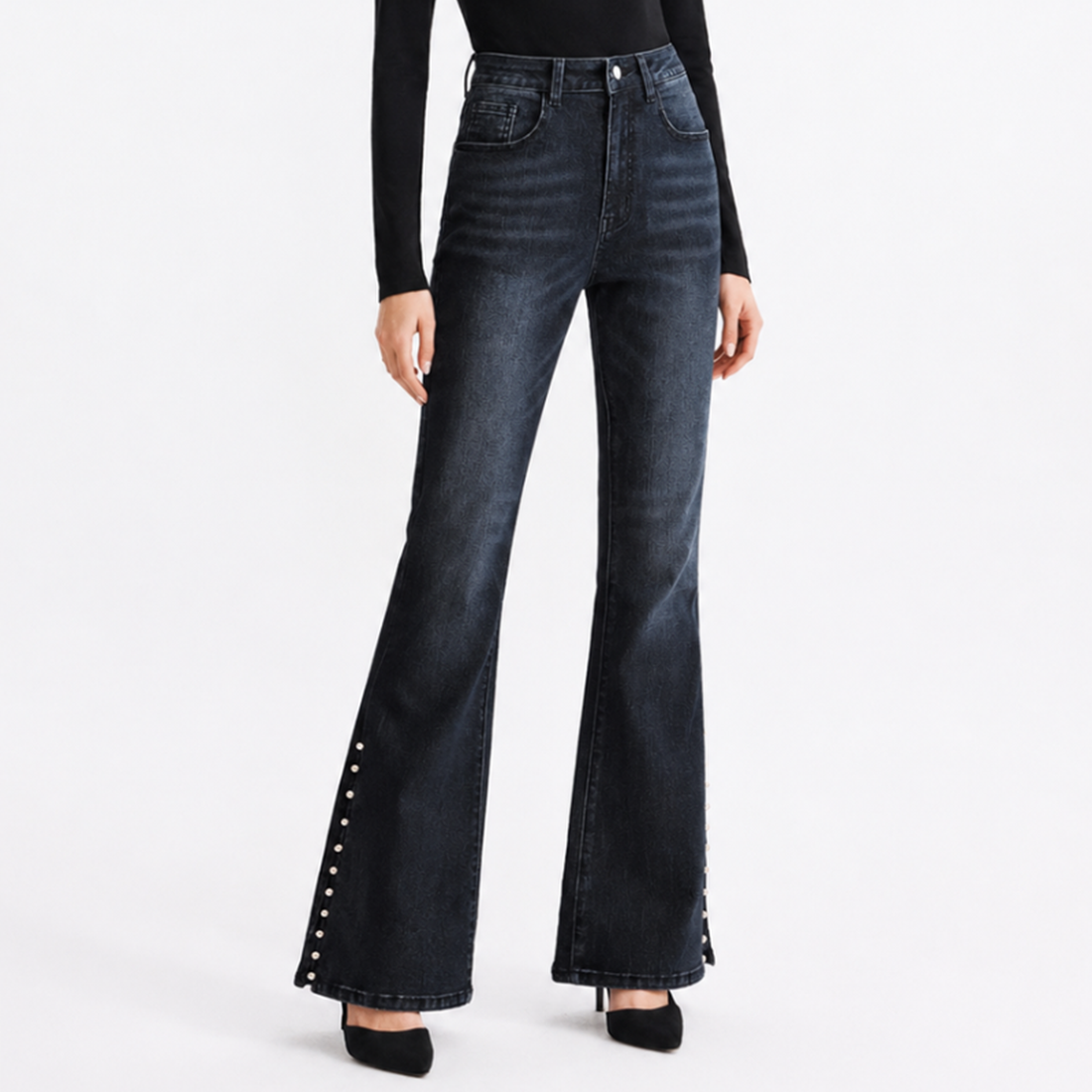 Women's High Waist Flare Jeans with Side Pearl Details