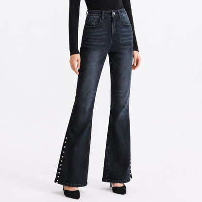 Women's High Waist Flare Jeans with Side Pearl Details