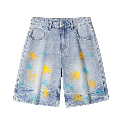Men's Summer Colorful Splash Ink Washed Baggy Denim Shorts