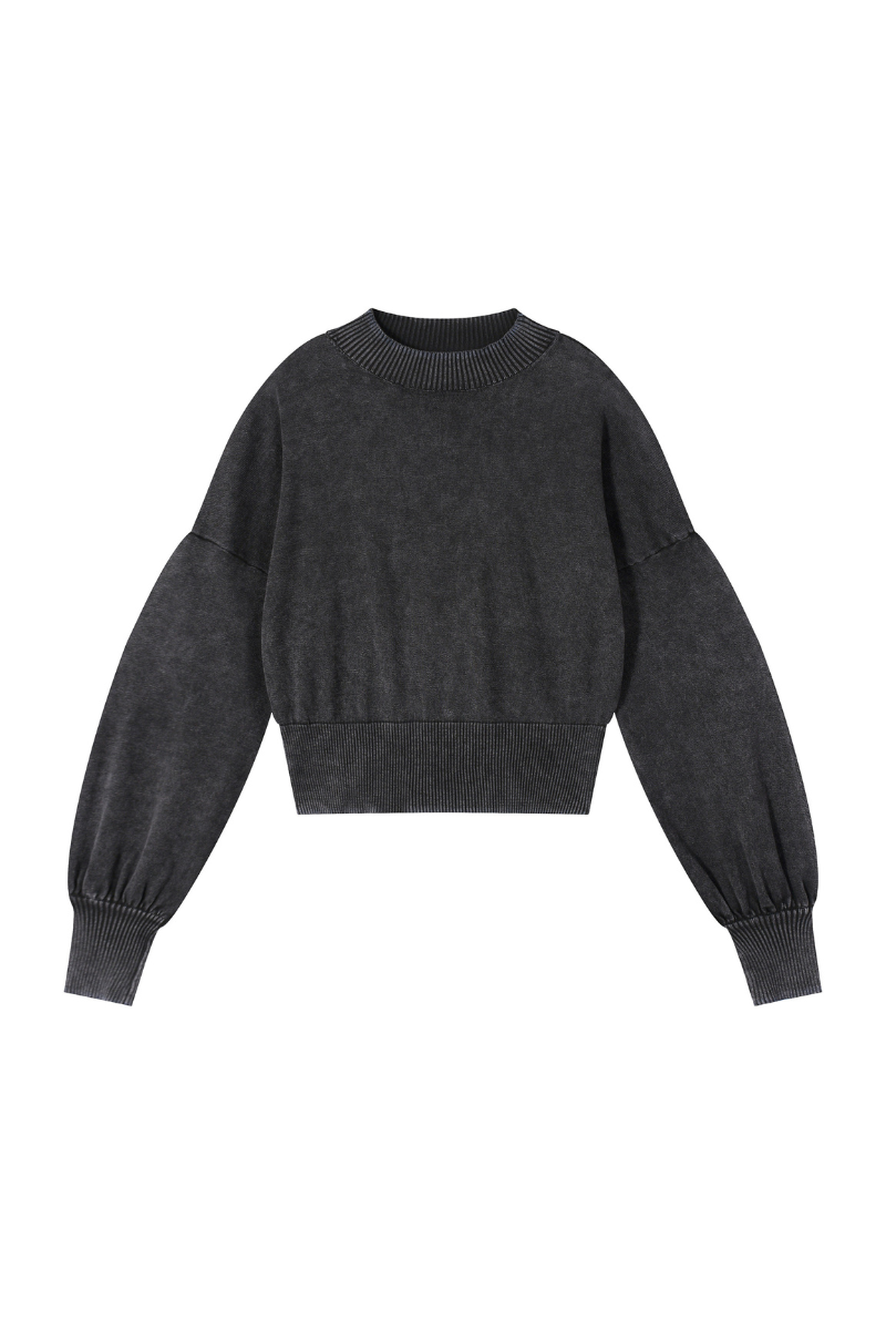 Women Fall Clothing Snow Washed Balloon Sleeve Knit Sweater