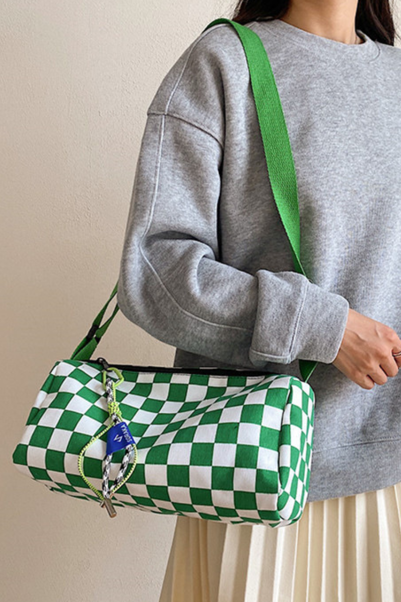 Women Fall Checkered Canvas Cylinder Crossbody Bag