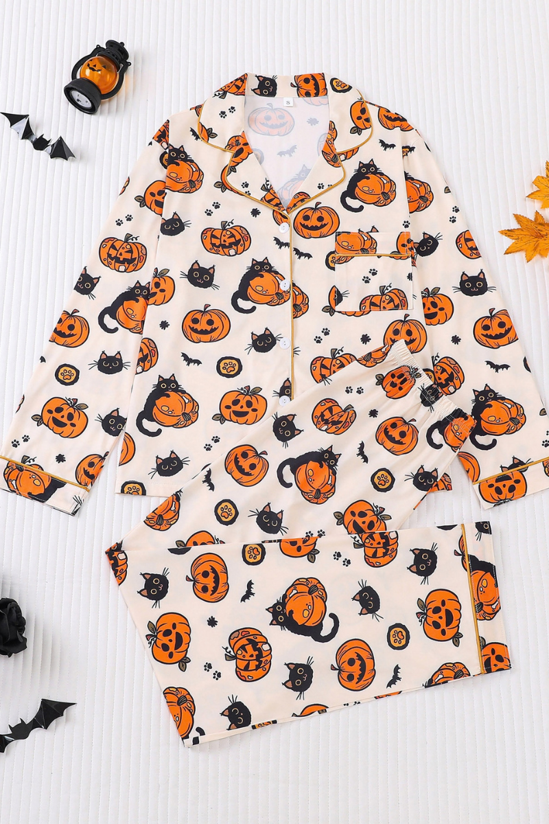 Women Fall Clothing Halloween Pumpkin Cat Pajama Set