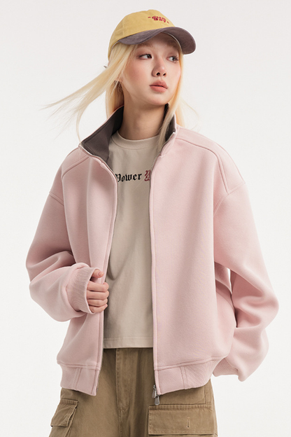 Unisex American Retro Stand Collar Zip Loose Hoodie Cleanfit