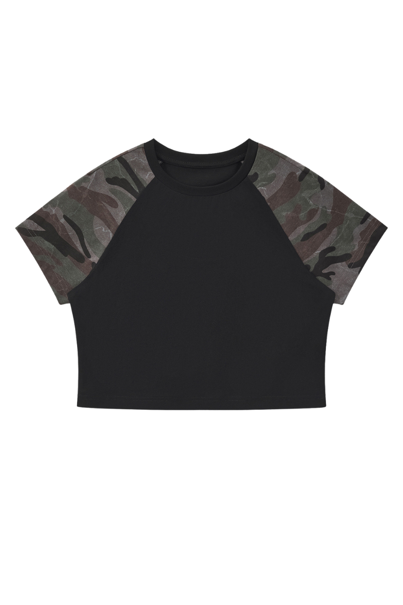 Women's Summer Y2K Camo Raglan Colorblock Crop Tee