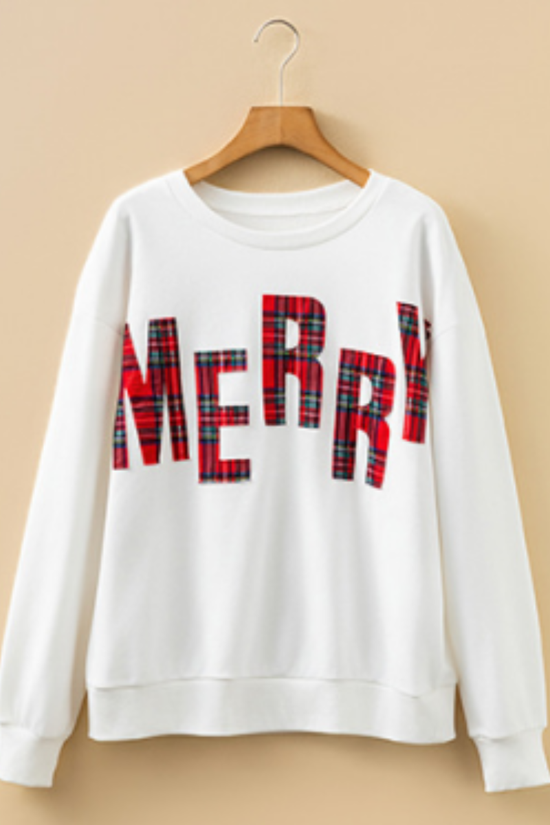Women's Fall Christmas Plaid Letter Print Crew Sweatshirt