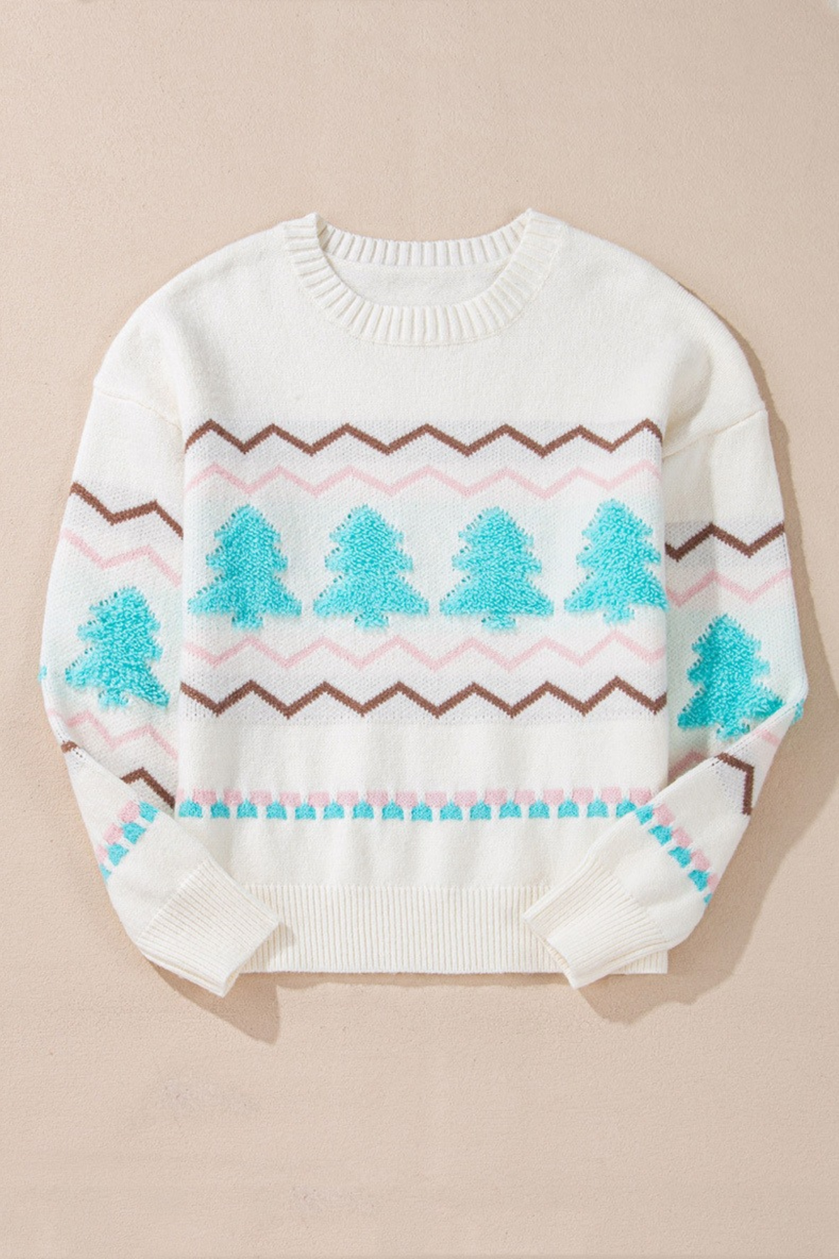 Women's Fall Christmas Tree Rib Trim Crew Neck Sweater