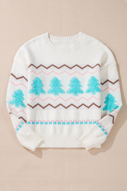 Women's Fall Christmas Tree Rib Trim Crew Neck Sweater