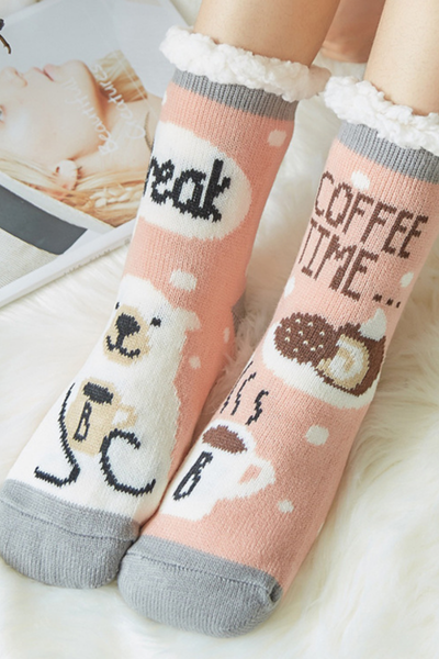 Women Winter Christmas Fleece Cuff Non Slip Slipper Socks