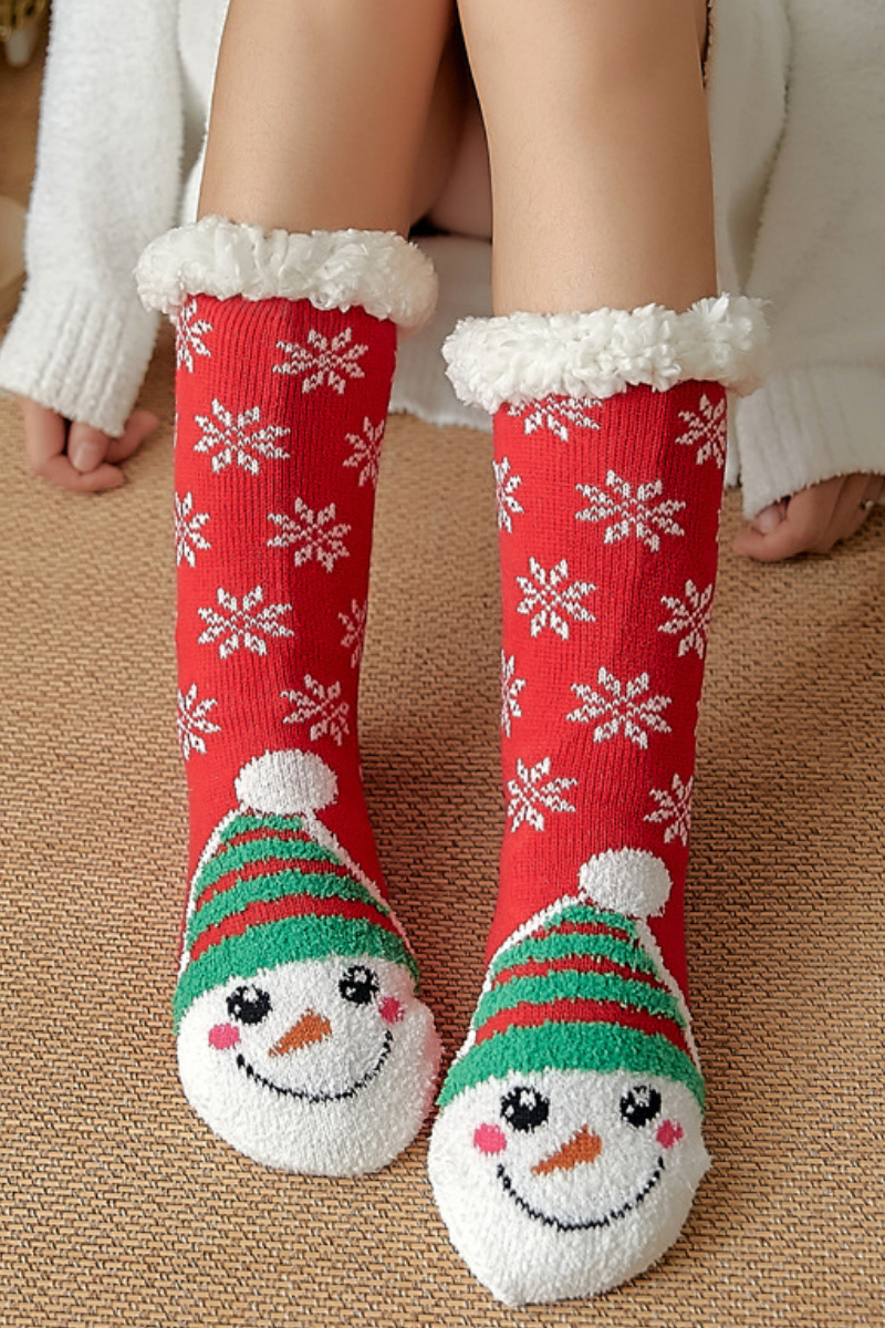 Women Winter Christmas Fleece Cuff Non Slip Slipper Socks