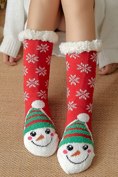 Women Winter Christmas Fleece Cuff Non Slip Slipper Socks