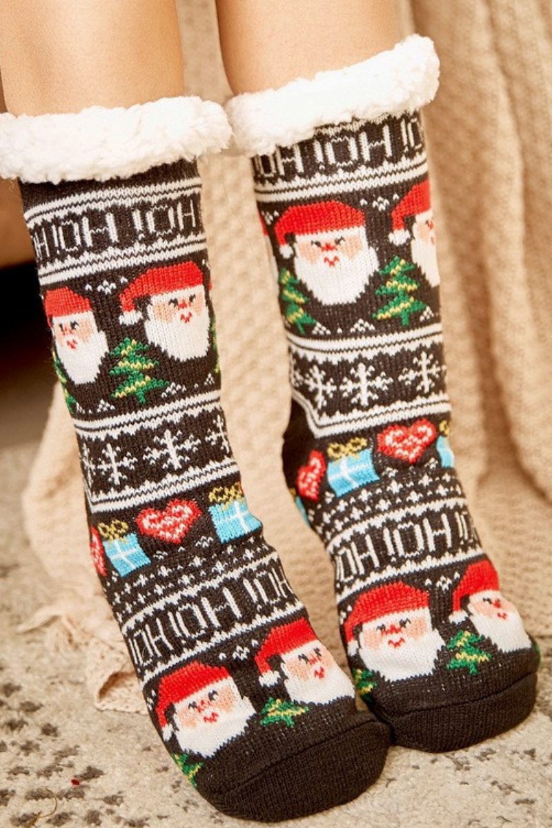 Women Winter Christmas Fleece Cuff Non Slip Slipper Socks
