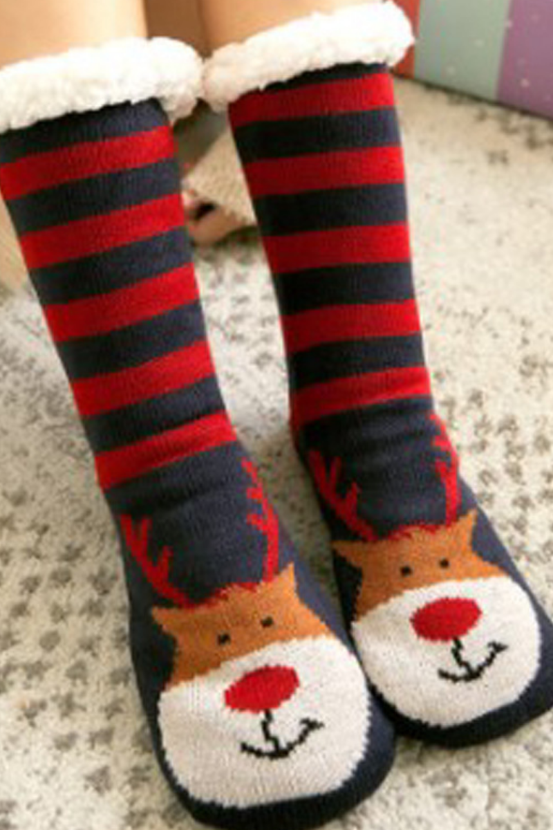 Women Winter Christmas Fleece Cuff Non Slip Slipper Socks