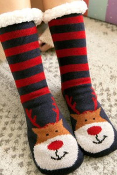 Women Winter Christmas Fleece Cuff Non Slip Slipper Socks