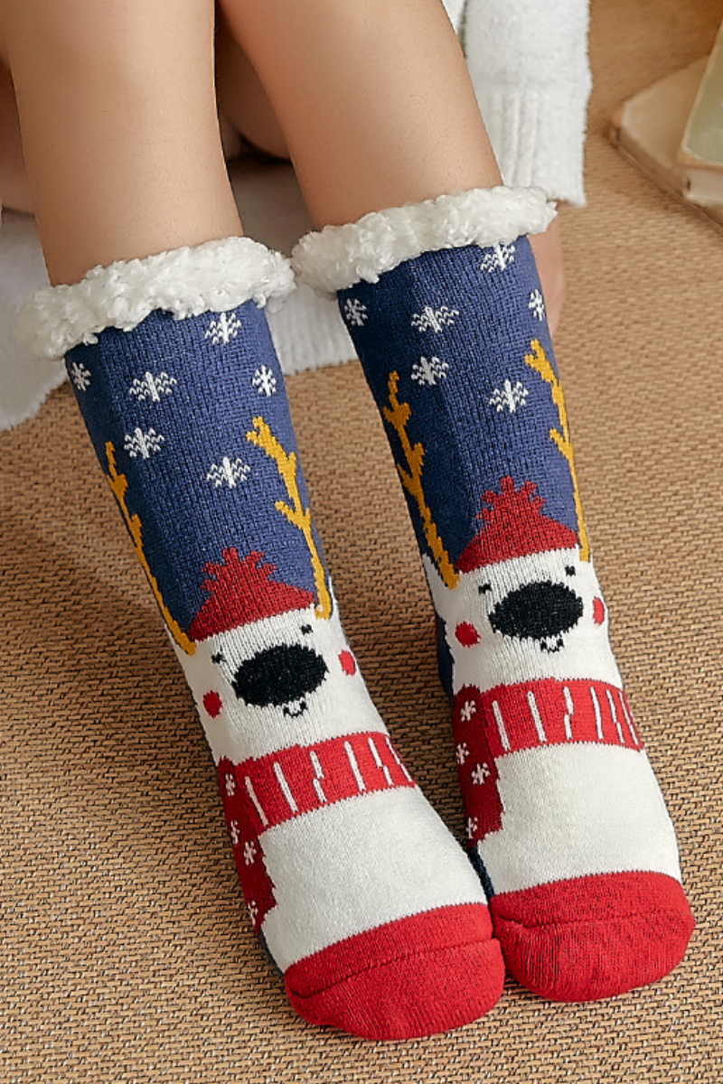 Women Winter Christmas Fleece Cuff Non Slip Slipper Socks