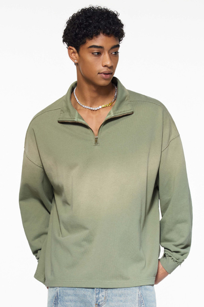 Men's 465g Mock Neck Patch Raw Washed Half Zip Sweatshirt