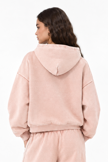 Women Fall Clothing Faded Wash Fleece Curved Sleeve Hoodie