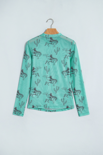 Women Spring Western Sheer Cowboy Mesh Long Sleeve Top