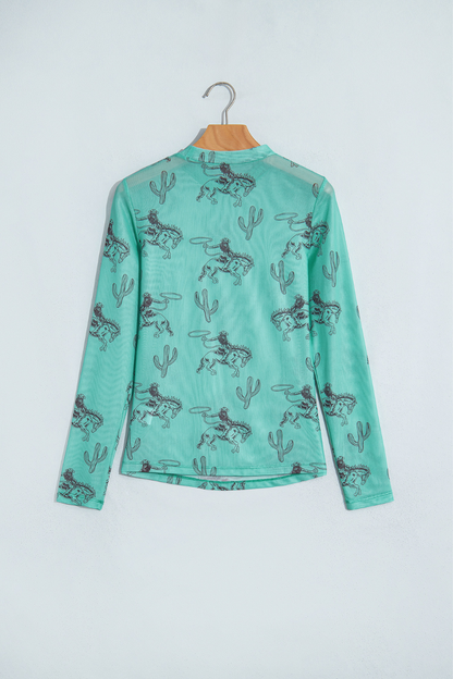 Women Spring Western Sheer Cowboy Mesh Long Sleeve Top