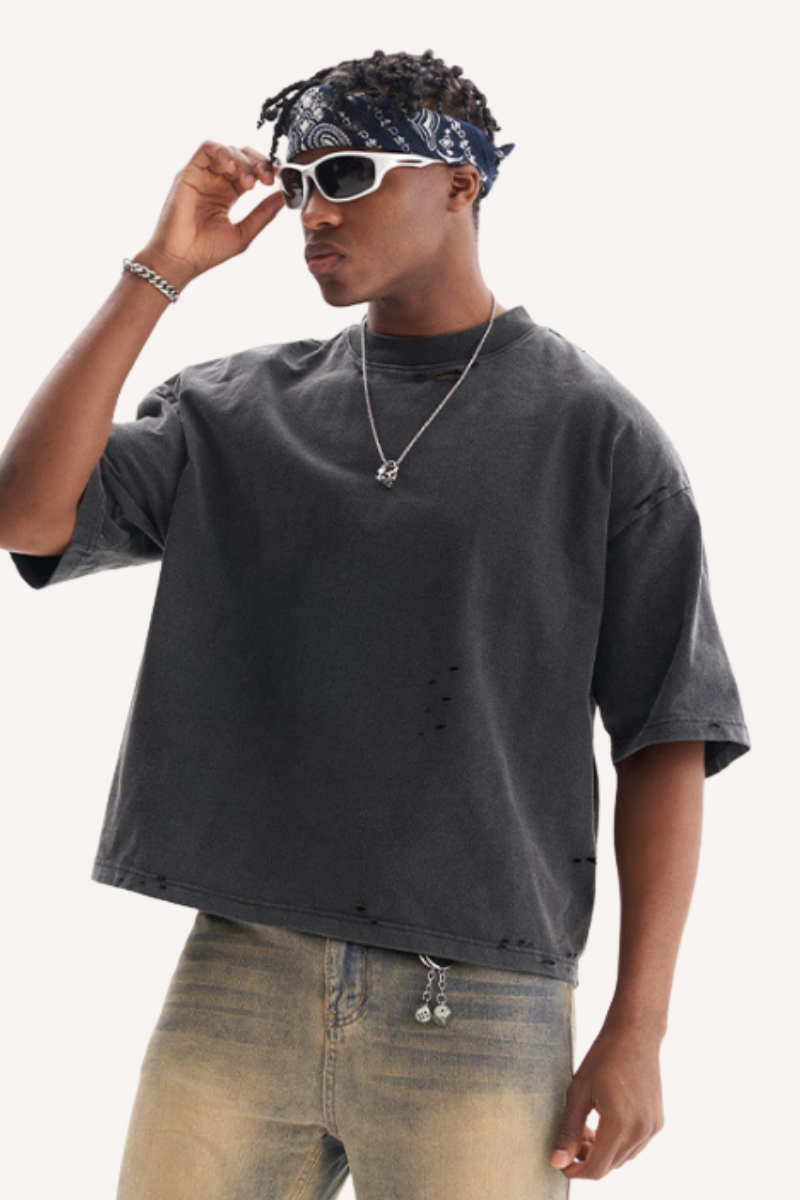 Men's Heavy Cotton Distressed Streetwear Breathable Tee