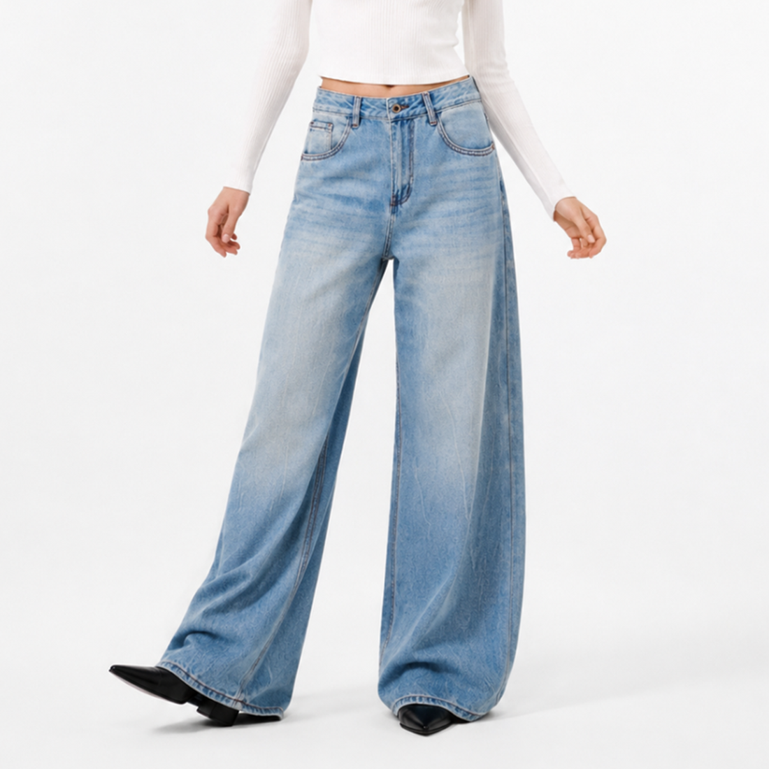 Women's 100% Cotton High Waist Wash Wide Leg Jeans