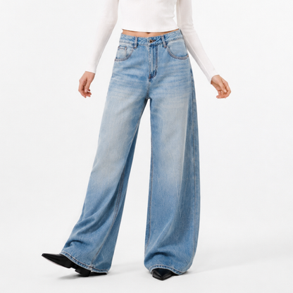 Women's 100% Cotton High Waist Wash Wide Leg Jeans