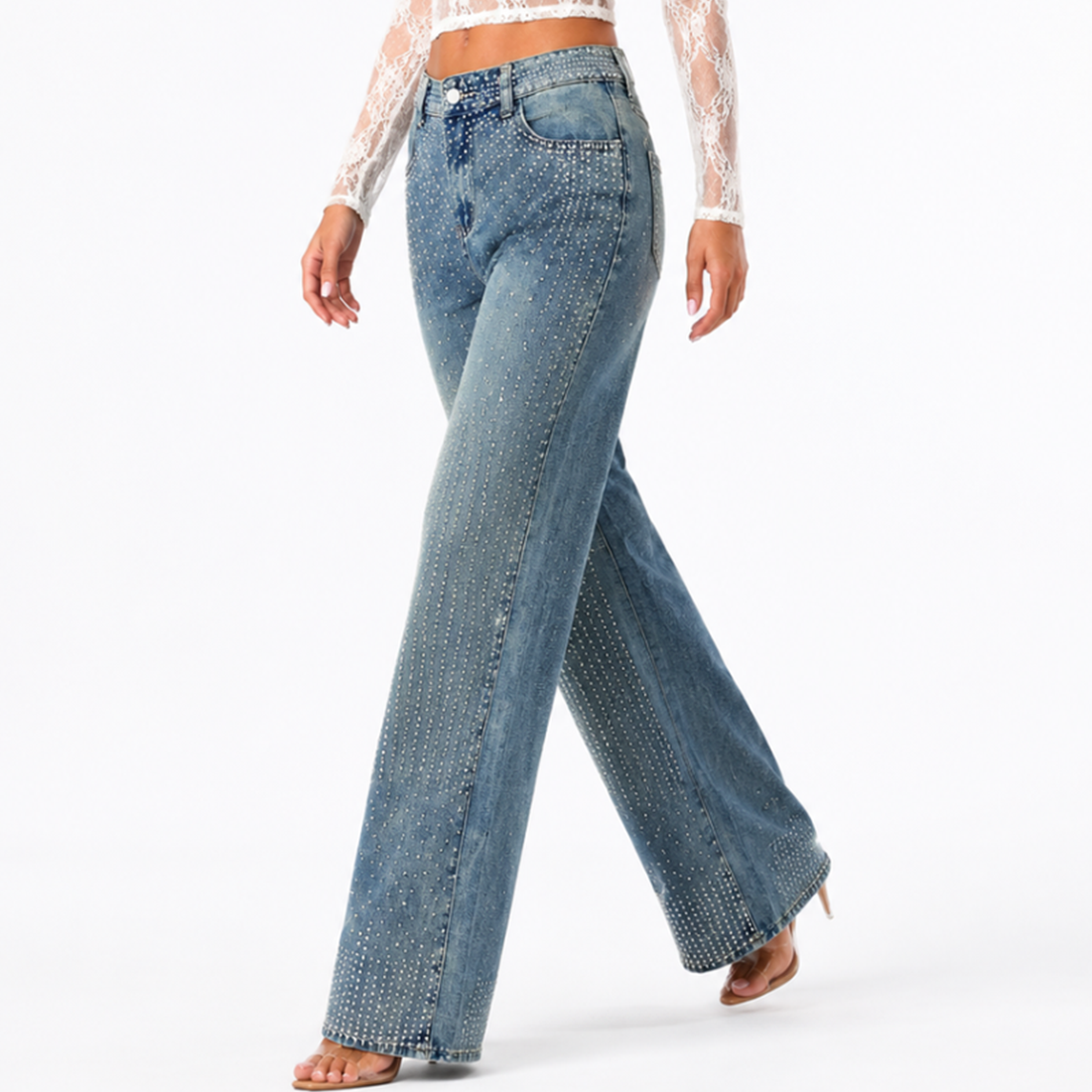 Women's High Waist Rhinestone Embellished Straight Leg Jeans