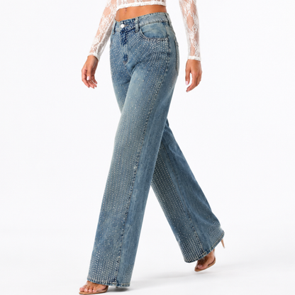 Women's High Waist Rhinestone Embellished Straight Leg Jeans