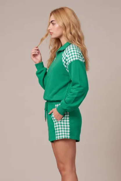 Women Winter Christmas Gingham Half Zip Top Shorts Set
