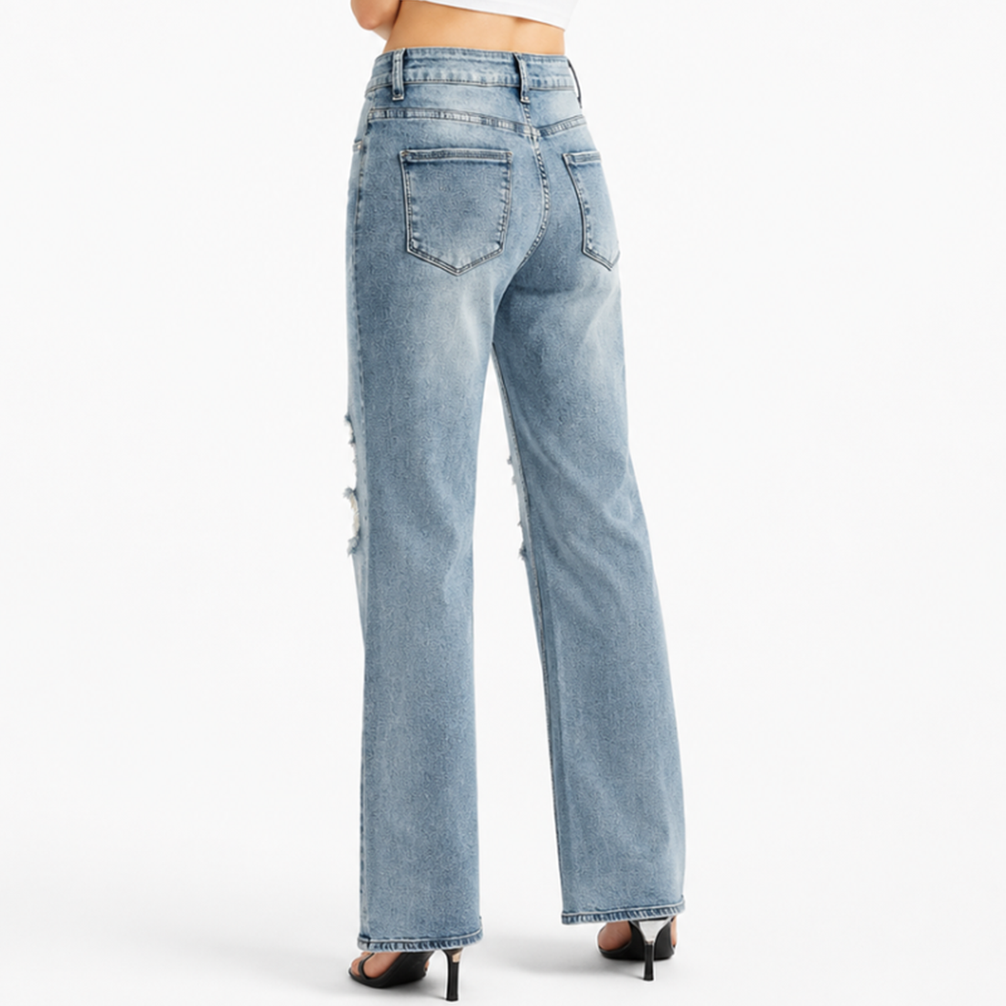 Women's High Waist Distressed Ripped Wide Leg Jeans