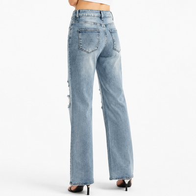 Women's High Waist Distressed Ripped Wide Leg Jeans