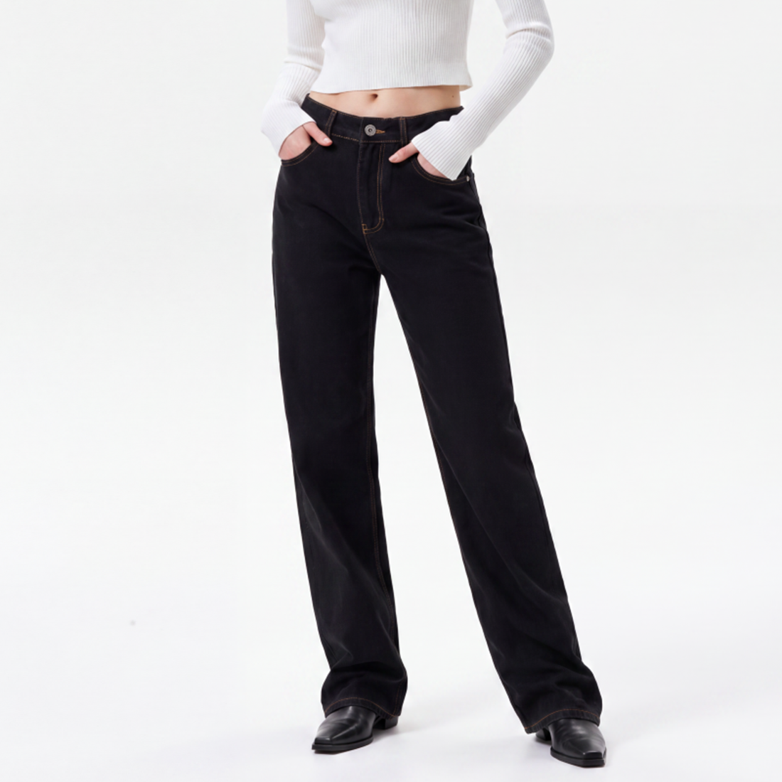 Women's High Waist Black Wash Straight Leg Jeans
