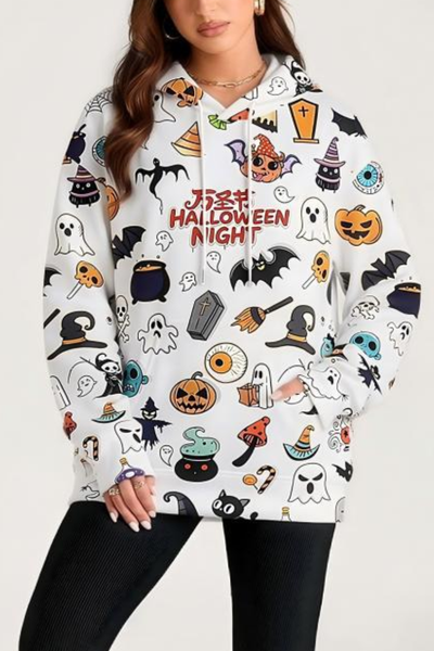 Women Fall Clothing Halloween Cat Ghost Pullover Hoodie