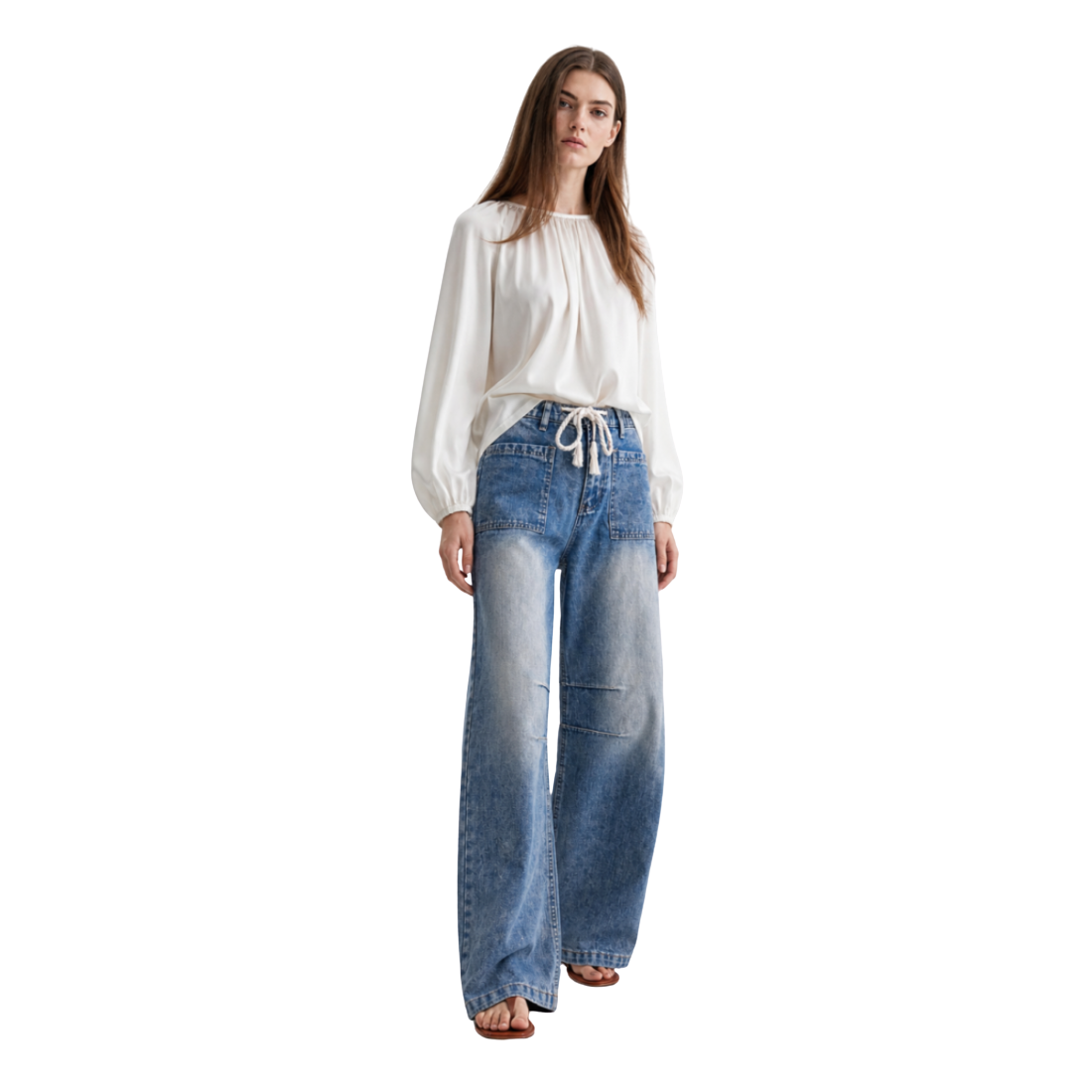 Women's High Waist Drawstring Wide Leg Jeans