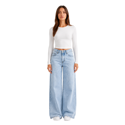 Women's High Waist Light Blue Straight Wide Leg Jeans
