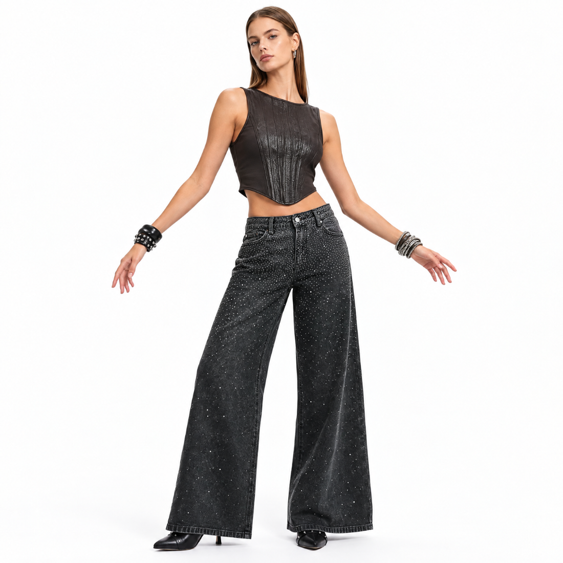 Women's Vintage Washed High Waist Rhinestone Wide Leg Jeans