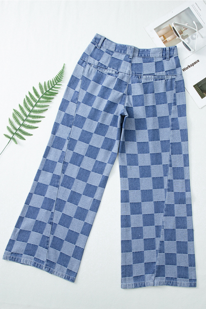 Women Fall Clothing Vintage Checkerboard Wide Leg Jeans