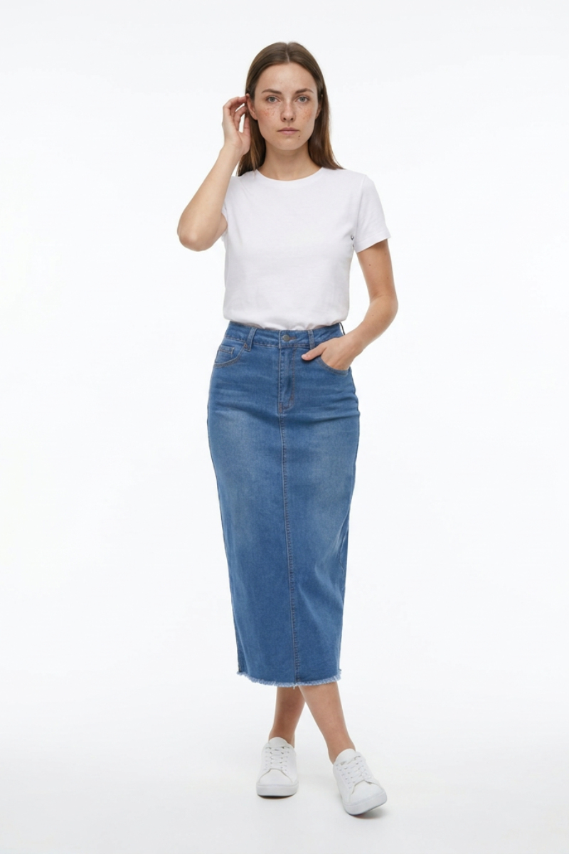 Women's High Waist Back Slit Denim Midi Skirt